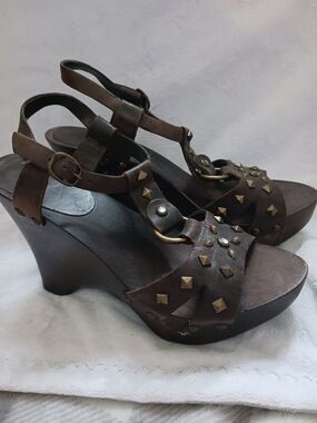 MIA Brown Studded Leather Wedge Sandals